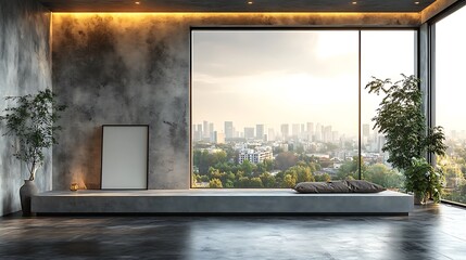 Fototapeta premium Minimalist interior mockup with large window and city views