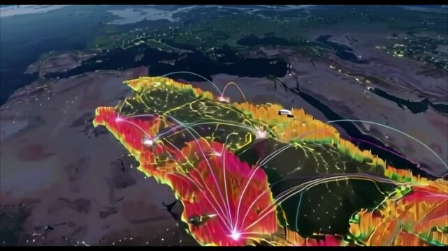 Futuristic digital map of Saudi Arabia with glowing data flow lines and vibrant heatmap visualization &ndash; concept of technology, communication networks, and smart city infrastructure in the Middle East.