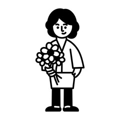 A teacher holding bouquet in hand, doodle style icon 
