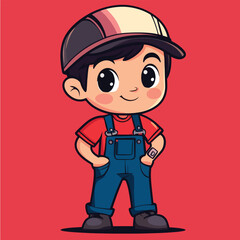 Cheerful Cartoon Boy in Work Clothes with a Cap