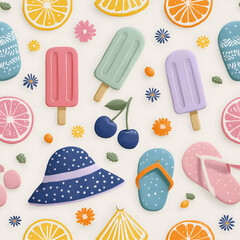 minimalist summer illustration on white background. Objects such as lemon slice, sun hat, popsicle stick, flip flops and cherry drink. seamless pattern, Idea for packaging, decoration or fabric textur