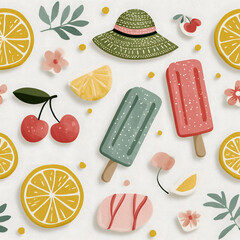minimalist summer illustration on white background. Objects such as lemon slice, sun hat, popsicle stick, flip flops and cherry drink. seamless pattern, Idea for packaging, decoration or fabric textur