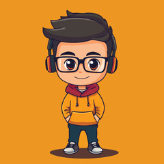 Cheerful Cartoon Boy in Yellow Hoodie and Headphones