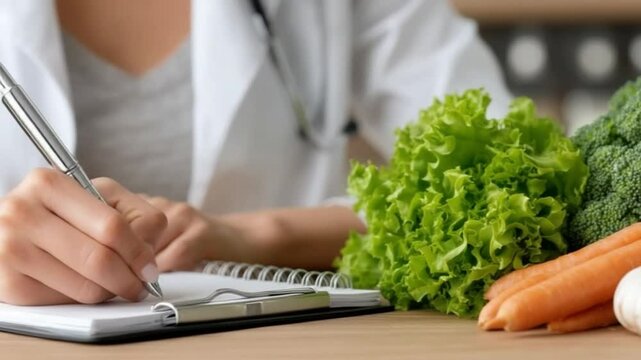 Nutritionist's Culinary Guidance: A health-conscious professional composes a tailored nutritional plan amidst a vibrant display of fresh vegetables.