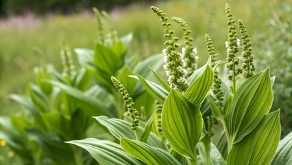 Obraz premium Fresh leaves and flower spikes of Veratrum viride (false hellebore) isolated, toxic wild plant