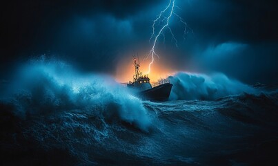 dramatic ocean storm where a lighthouse stands resolutely as massive waves crash against its rocky foundation, Generative AI