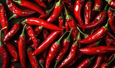 Spicy red chili peppers on dark background, food photography, ingredient, recipe