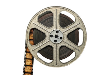 PNG Vintage film reel with exposed filmstrip on black background