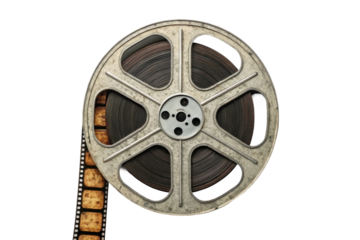 PNG Vintage film reel with exposed filmstrip on black background