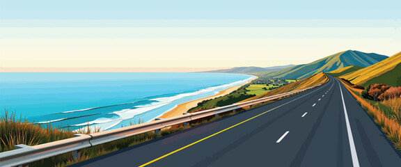 Scenic Coastal Highway Road Trip Design featuring a winding road along a beautiful ocean beach landscape perfect for travel brochures websites and postcards