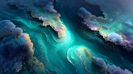 Vibrant underwater scene with coral reefs and schools of fish.