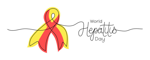 World Hepatitis Day text banner template. Editable stroke hand drawn lettering. One continuous line art background with red and yellow ribbon. Outline drawing typography Inflammatory liver disease.