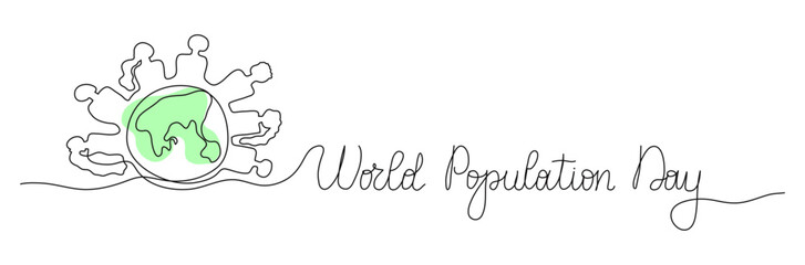 World Population Day one line art background with planet Earth, globe and man woman silhouette. Editable stroke hand drawn lettering. Text banner template. Outline drawing with typography
