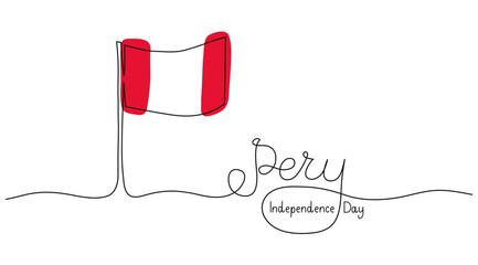Independence Day in Peru text banner template. Editable stroke hand drawn lettering. One continuous line art background with Flag white red. Outline drawing with typography for poster card.