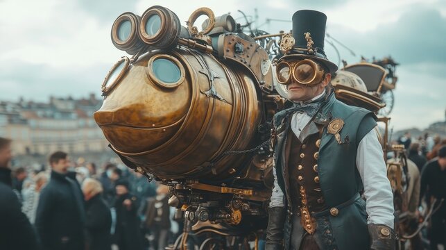 bustling steampunk carnival with brass rides, mechanical animals, and steam-powered contraptions delighting the visitors, Generative AI