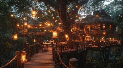 Fototapeta premium whimsical treehouse caf built among giant trees with rope bridges connecting tables and glowing lanterns lighting the space, Generative AI