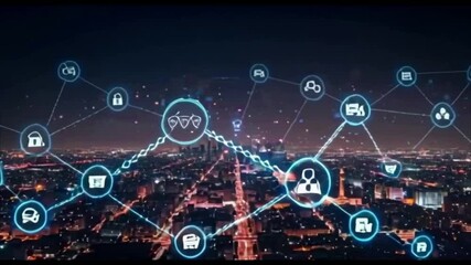 Night view of a smart city with connected digital icons – Internet of Things (IoT) network visualization showing urban connectivity, data sharing, and futuristic infrastructure technology. - Powered by Adobe