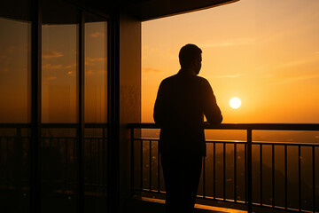 Silhouette of man standing on balcony at sunset overlooking city