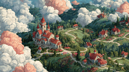 Whimsical landscape with a castle amid rolling hills and clouds.