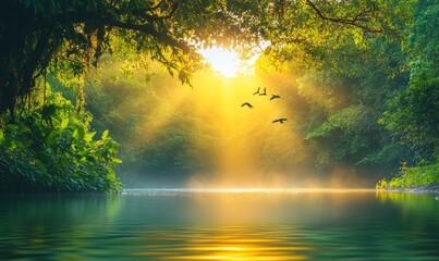 tranquil river meandering through a dense jungle with sunlight filtering through the canopy and colorful birds flying overhead, Generative AI