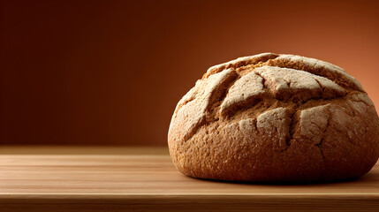 a crusty loaf of bread on a wooden table against a simple background