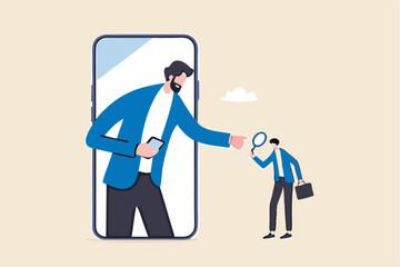 KYC, Know your customer process to identify user in online banking, cryptocurrency trading or cyber transaction concept, businessman using magnifying glass to analyze, identify user on smartphone app.