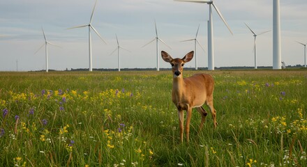 Whitetail Deer in a Wildflower Meadow with Wind Turbines