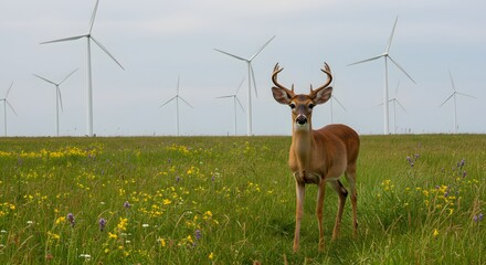 Whitetail Deer in Wildflower Meadow with Wind Turbines