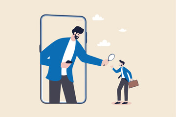 KYC, Know your customer process to identify user in online banking, cryptocurrency trading or cyber transaction concept, businessman using magnifying glass to analyze, identify user on smartphone app.