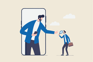 KYC, Know your customer process to identify user in online banking, cryptocurrency trading or cyber transaction concept, businessman using magnifying glass to analyze, identify user on smartphone app.