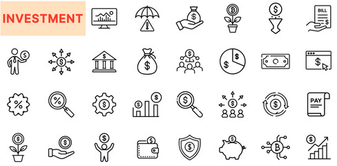Investment and Financial Growth Line Icon Design Featuring Money Management, Profit Charts, Savings Symbols, Banking Elements, Dollar Signs, Funding Concepts, Economic Planning, and Financial Analytic