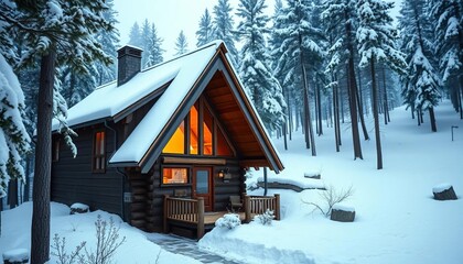 Rustic A-frame cabin nestled in snowy woods, warm interior glow, escape, mountain cabin