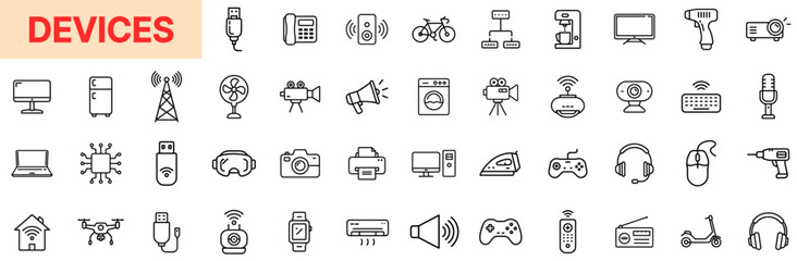 Modern Devices and Digital Tools Line Icon Design Featuring Headphones, Smart Gadgets, Audio Systems, Computer Accessories, Home Appliances, Gaming Controllers, Remote Equipment, and Wireless Tech Ele © Al Rafi