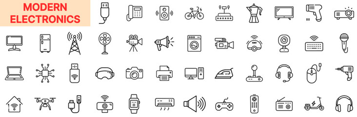 Modern Electronics and Smart Devices Line Icon Design Featuring Audio Equipment, Kitchen Appliances, Wireless Gadgets, Smartwatches, Game Controllers, Streaming Devices, Home Automation, and Tech Acce