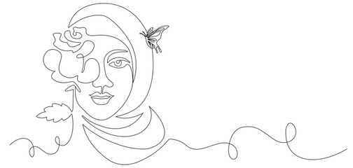 Trendy abstract single line hijab woman face with flowers and leaves. Continuous line print for poster, logo and more