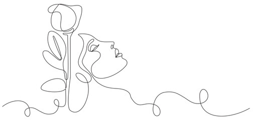 Trendy single line abstract woman face with flowers and leaves. Continuous line print for poster, logo and more