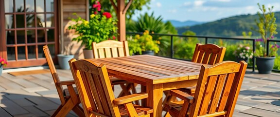 Obraz premium Rustic wooden outdoor table and chairs set on patio, outdoor seating, shadow