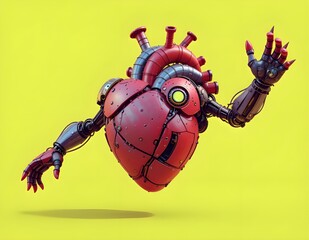 Futuristic robotic heart with mechanical arms, floating against a bright yellow background. A unique fusion of technology and emotion, ideal for sci-fi, cyberpunk, AI, or biotech themes.