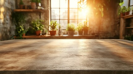 Empty wooden table in front of sunny window, plants