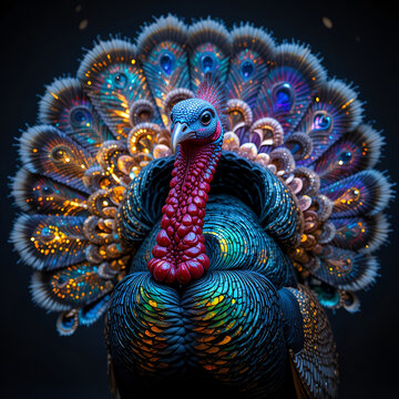 A dazzling ocellated turkey displaying its iridescent feathers