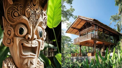 Wooden carvings and a stunning treehouse.  Tropical paradise