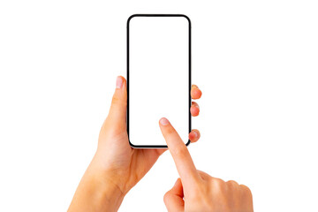 Person holding mobile phone in hand, blank white screen mockup