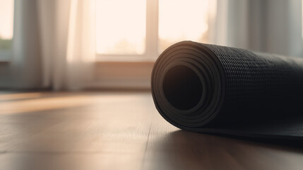 A yoga mat on a wooden floor bathed in morning light, embodying peace and simplicity.