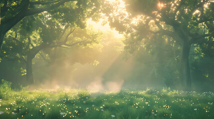 Enchanted forest with sunlight filtering through the trees.