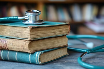 abstract medical concept featuring a stack of books and a stethoscope, symbolizing healthcare education and research, Generative AI