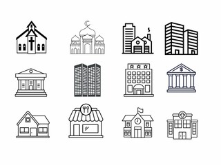 Set of building, church, hotel, city, bank, shop, mosque, school icon isolated on white background.