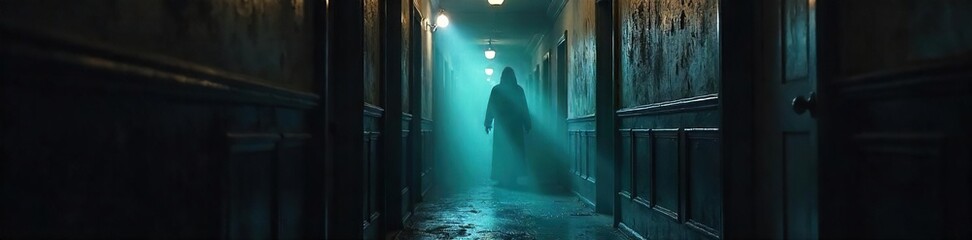 Spooky ghostly apparition in a haunted house hallway, eerie shadows and misty atmosphere for a chilling Halloween scene , thriller, mystery