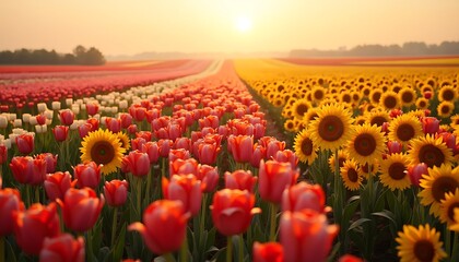 Colorful Tulip and Sunflower Field at Sunset in Spring