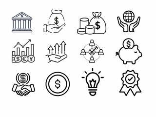 business, money, income, pension, fund, profit growth, piggy bank, finance, knowledge, capital  icons set isolated on white background.