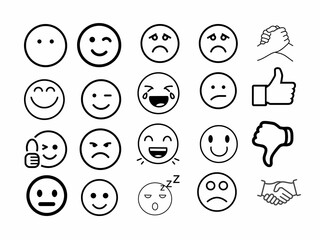 set of black and white emotions emojis faces icons on white background. A collection of black and white happy, sad, depressed, angry, laughter, joy, thumbs up, shake
